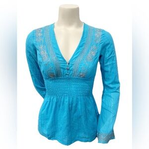 Laundry by Shelli Turquoise Embroidered Boho Smocked Waist Peasant Blouse Top XS